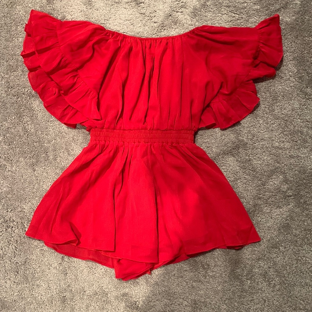 Red off-the-shoulder romper